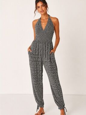 Lulu's Smocked Halter Jumpsuit in Black